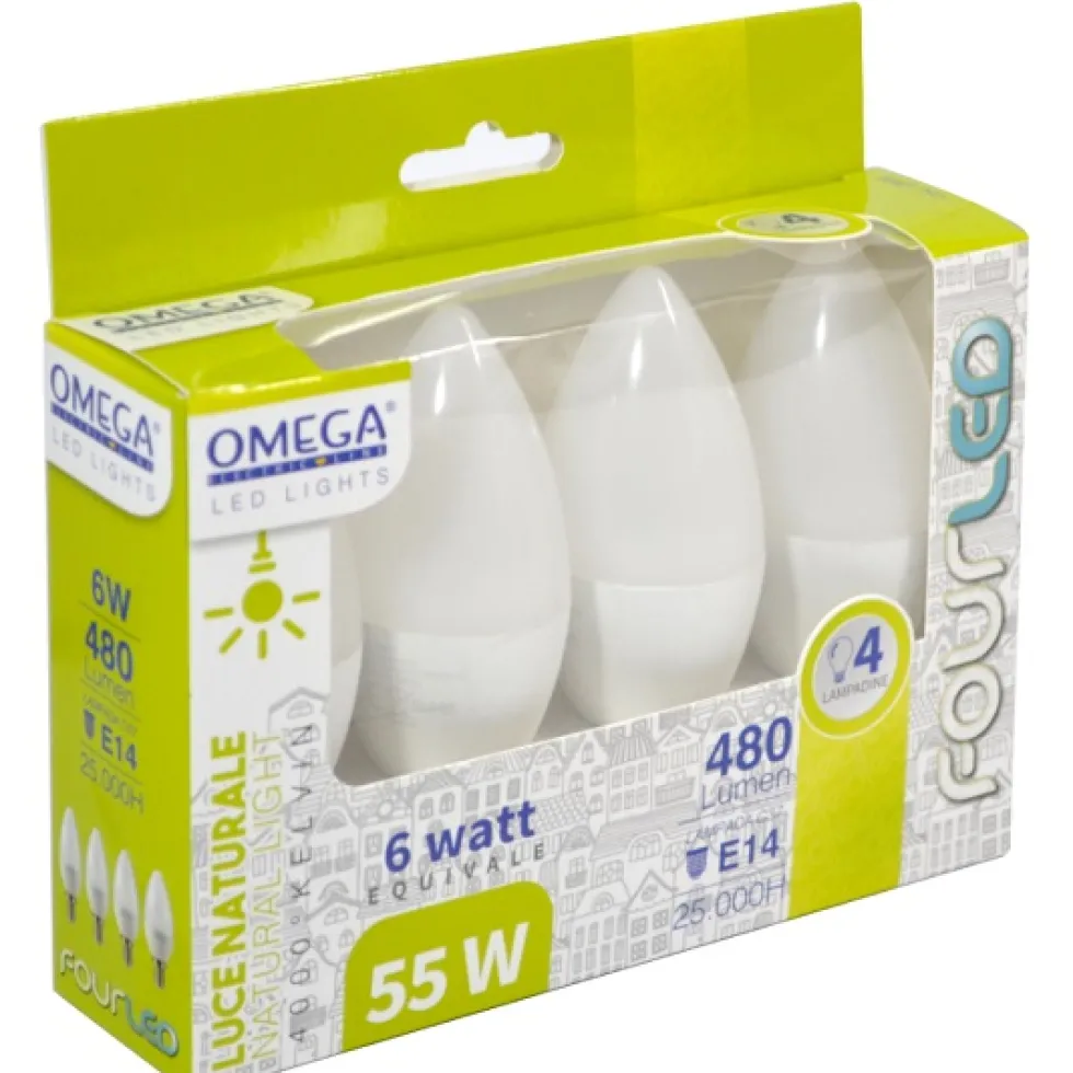 Set 4 Lampade Led a candela 6 Watt E14 4000°K