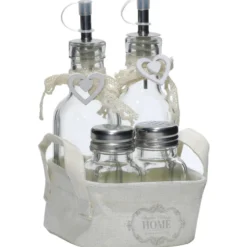 Set Menage 4 pezzi Oliera, Sale e Pepe in vetro con cestino shabby chic