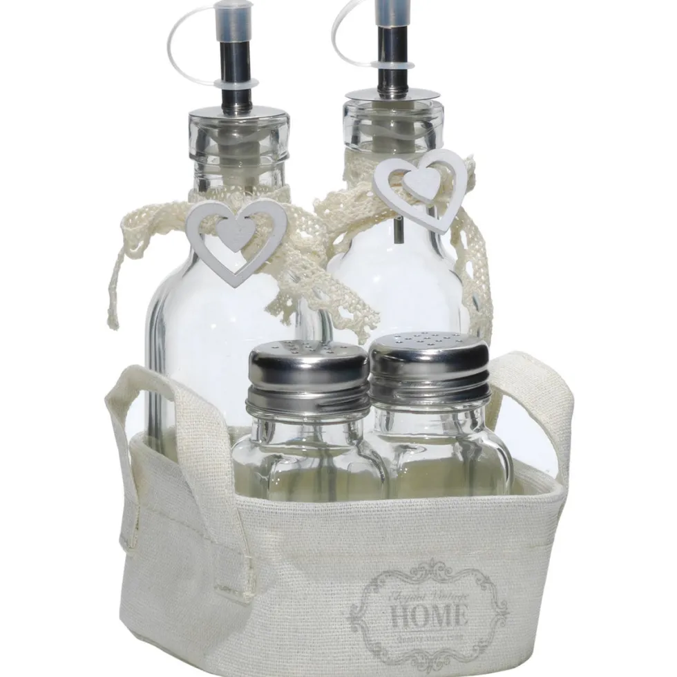 Set Menage 4 pezzi Oliera, Sale e Pepe in vetro con cestino shabby chic