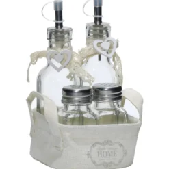 Set Menage 4 pezzi Oliera, Sale e Pepe in vetro con cestino shabby chic