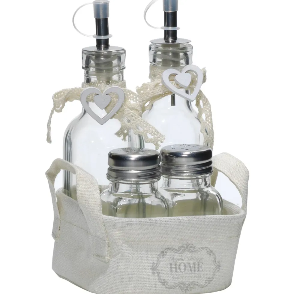 Set Menage 4 pezzi Oliera, Sale e Pepe in vetro con cestino shabby chic