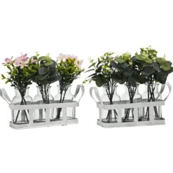 Set 3 Piantine Artificiali in Vasetti di Vetro con Cassetta in Metallo Bianco h24x22x8 cm