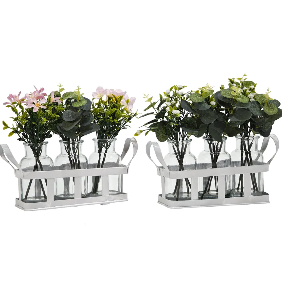 Set 3 Piantine Artificiali in Vasetti di Vetro con Cassetta in Metallo Bianco h24x22x8 cm