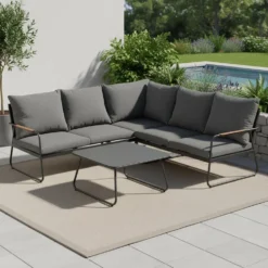 Set Salotto da giardino Angolare 5 Posti Struttura in Acciaio Antracite, braccioli Effetto Legno e Top in Vetro con cuscini inclusi