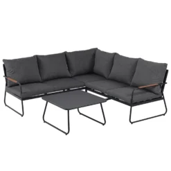 Set Salotto da giardino Angolare 5 Posti Struttura in Acciaio Antracite, braccioli Effetto Legno e Top in Vetro con cuscini inclusi