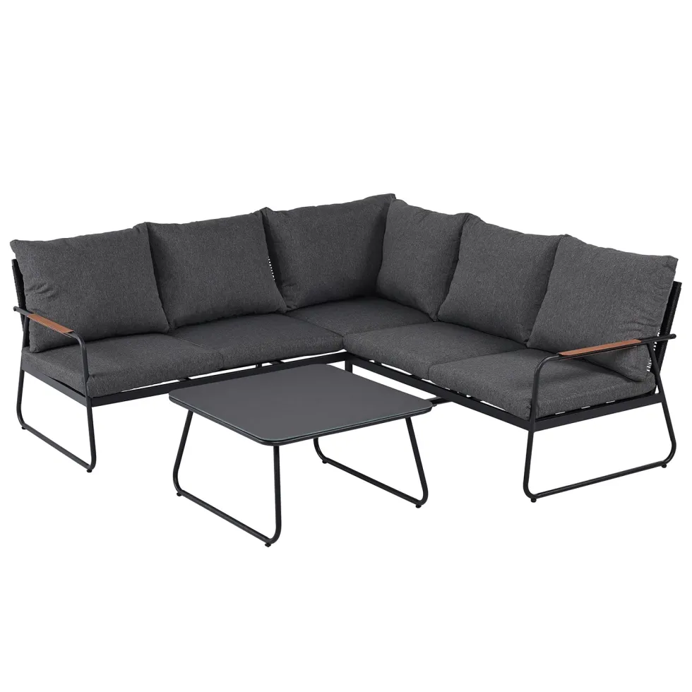 Set Salotto da giardino Angolare 5 Posti Struttura in Acciaio Antracite, braccioli Effetto Legno e Top in Vetro con cuscini inclusi