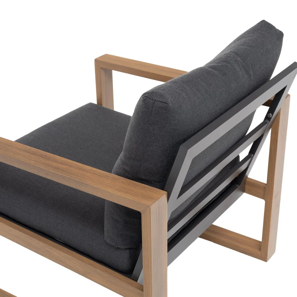 Set Salotto da giardino 4 pezzi in Alluminio Effetto legno, Tavolino in vetro e Cuscini Antracite Design Moderno