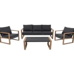 Set Salotto da giardino 4 pezzi in Alluminio Effetto legno, Tavolino in vetro e Cuscini Antracite Design Moderno