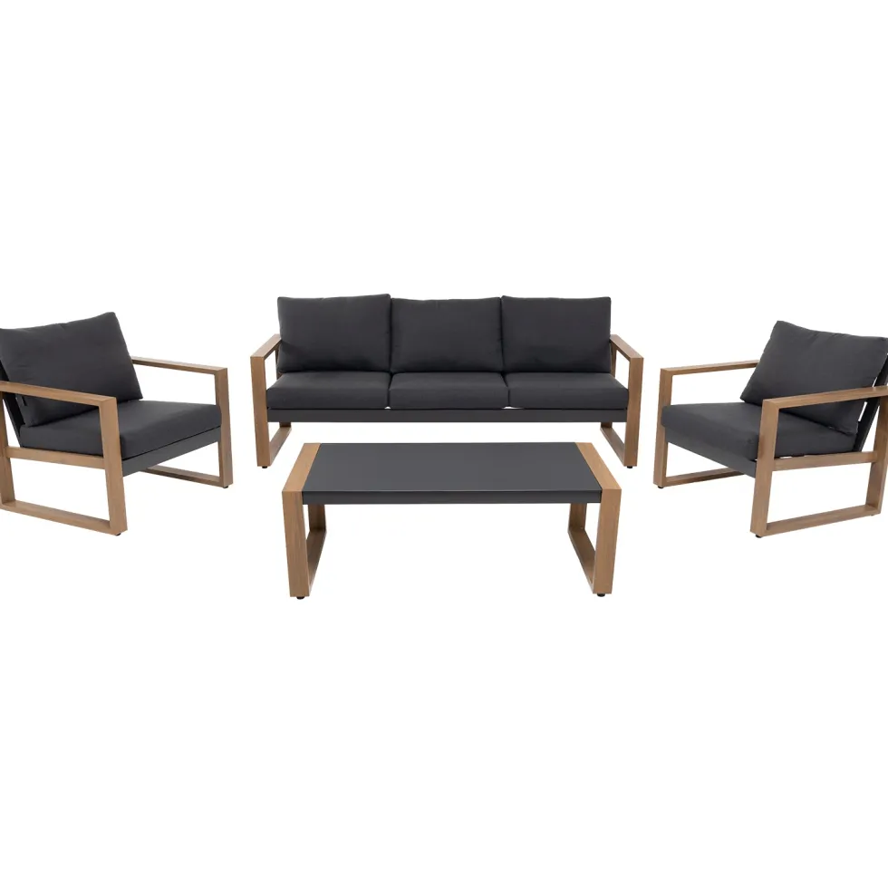 Set Salotto da giardino 4 pezzi in Alluminio Effetto legno, Tavolino in vetro e Cuscini Antracite Design Moderno