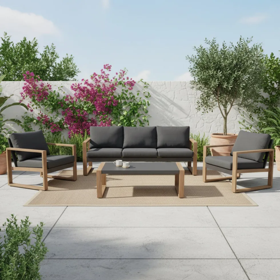 Set Salotto da giardino 4 pezzi in Alluminio Effetto legno, Tavolino in vetro e Cuscini Antracite Design Moderno