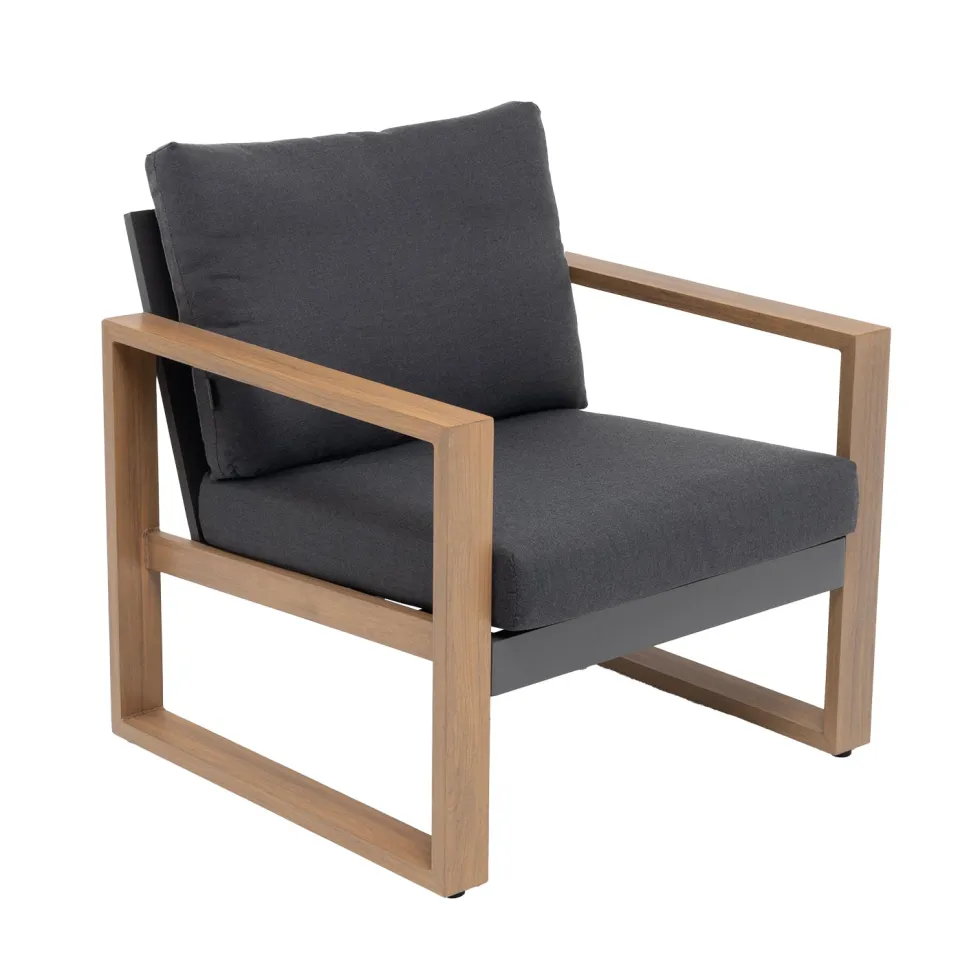 Set Salotto da giardino 4 pezzi in Alluminio Effetto legno, Tavolino in vetro e Cuscini Antracite Design Moderno