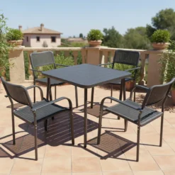Set Tavolo da Giardino 4 Posti in Metallo con Sedie Intrecciate Antracite