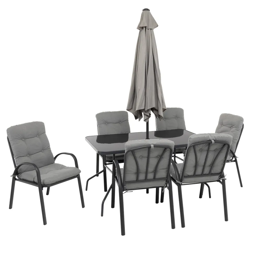 Set Tavolo da Giardino 6 Sedie con Ombrellone Grigio
