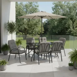 Set Tavolo da Giardino 6 Sedie con Ombrellone Grigio
