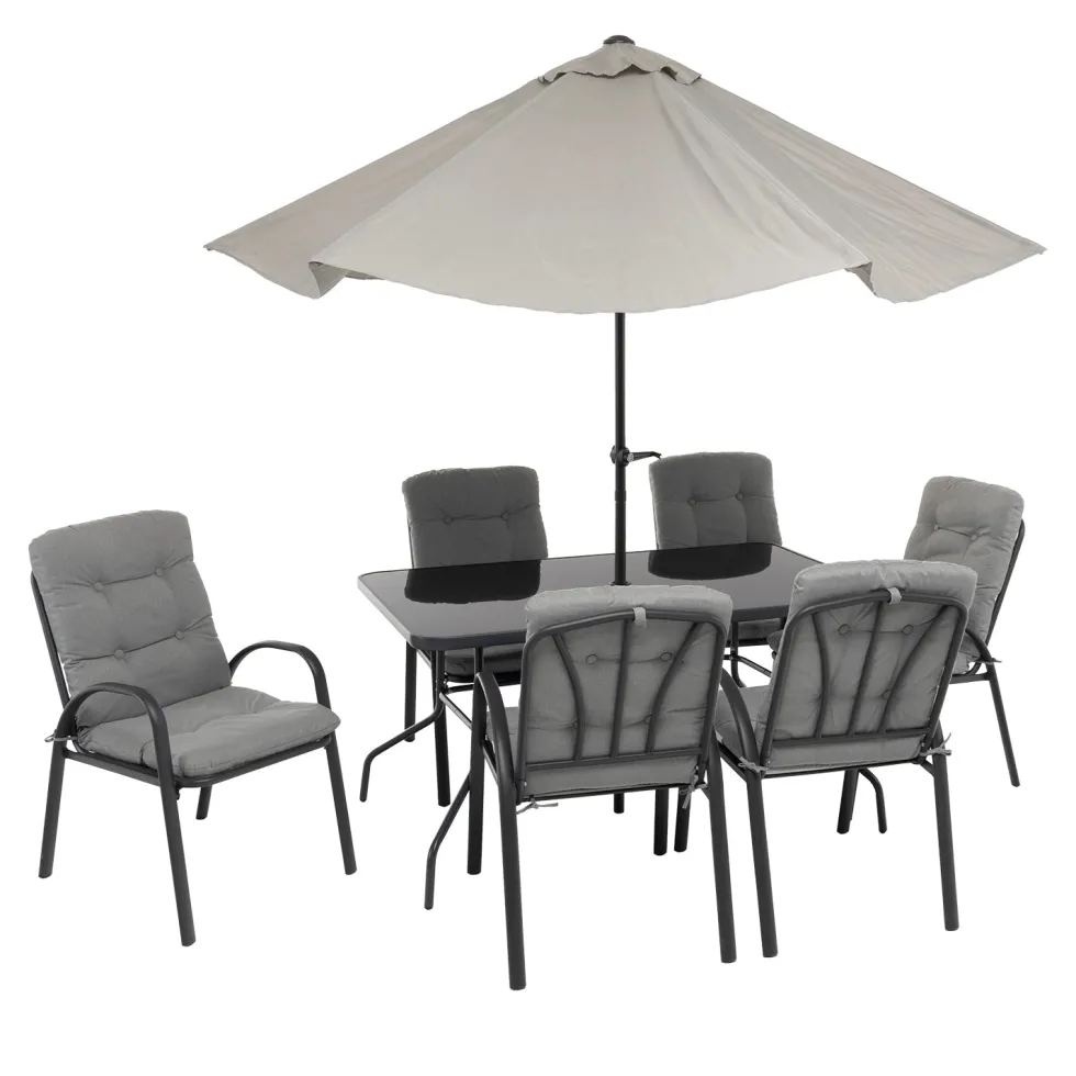Set Tavolo da Giardino 6 Sedie con Ombrellone Grigio