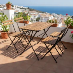 Set Tavolo da Giardino 4 Sedie Richiudibili in Legno di Acacia e Metallo