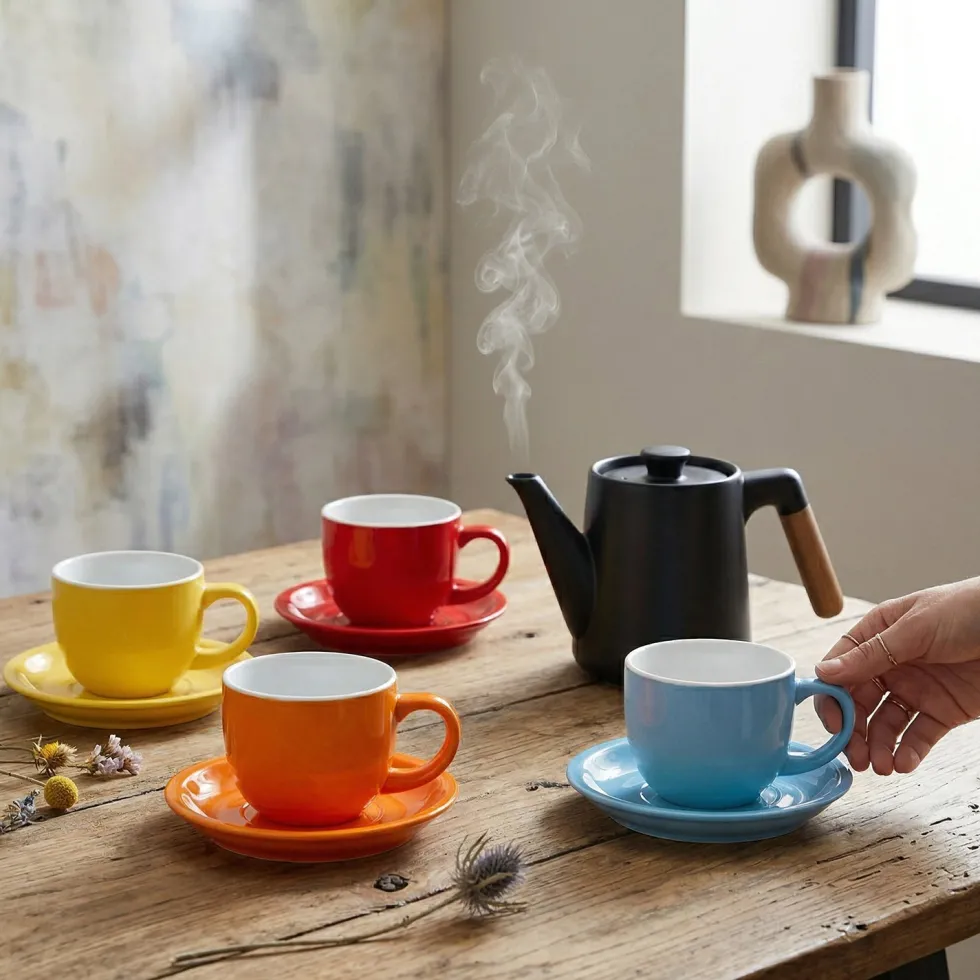 Set 4 Tazze con Piattini in Stoneware Colorate 27 cl