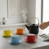Set 4 Tazze con Piattini in Stoneware Colorate 30 cl