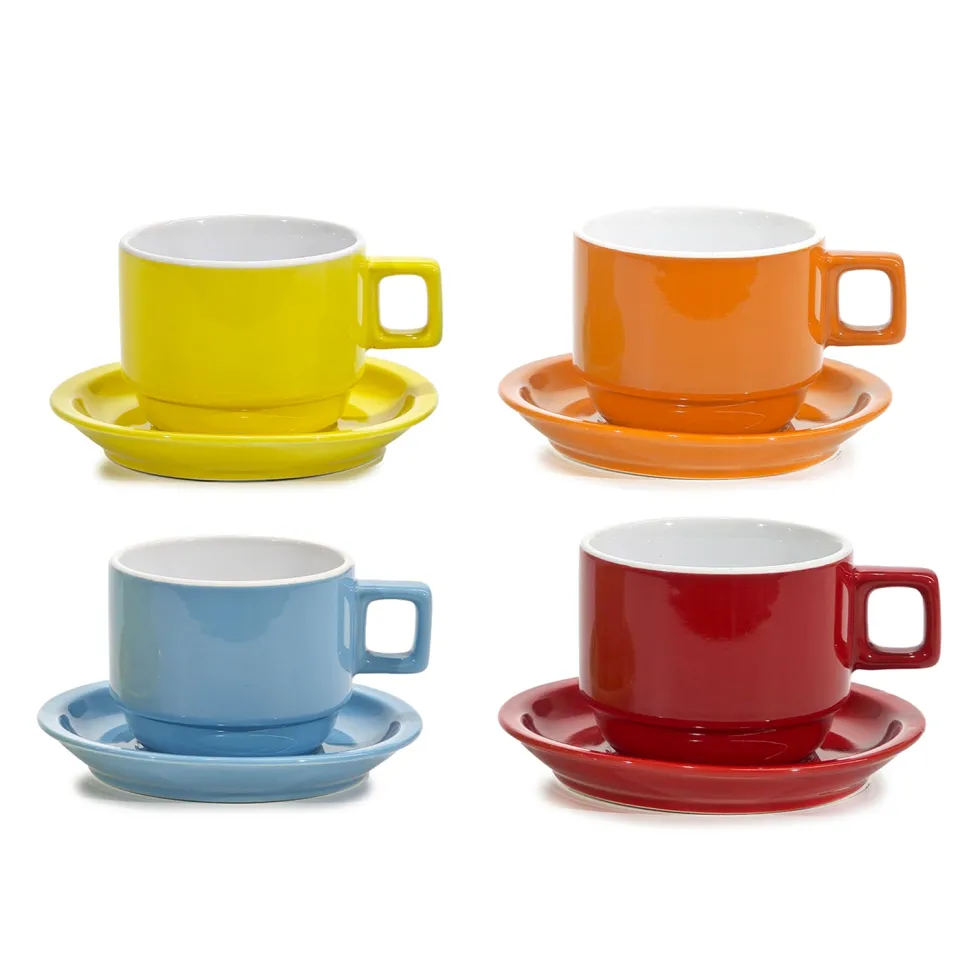 Set 4 Tazze con Piattini in Stoneware Colorate 30 cl