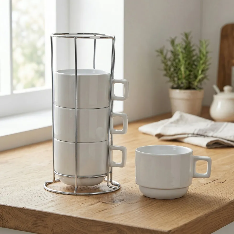 Set Tazze in Stoneware 4+1 con Stand in Metallo 32 cl