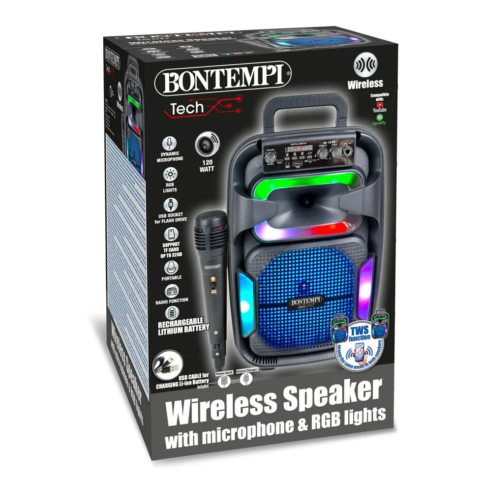 Speaker Bluetooth Wireless Tech 120W con Microfono e Luci RGB