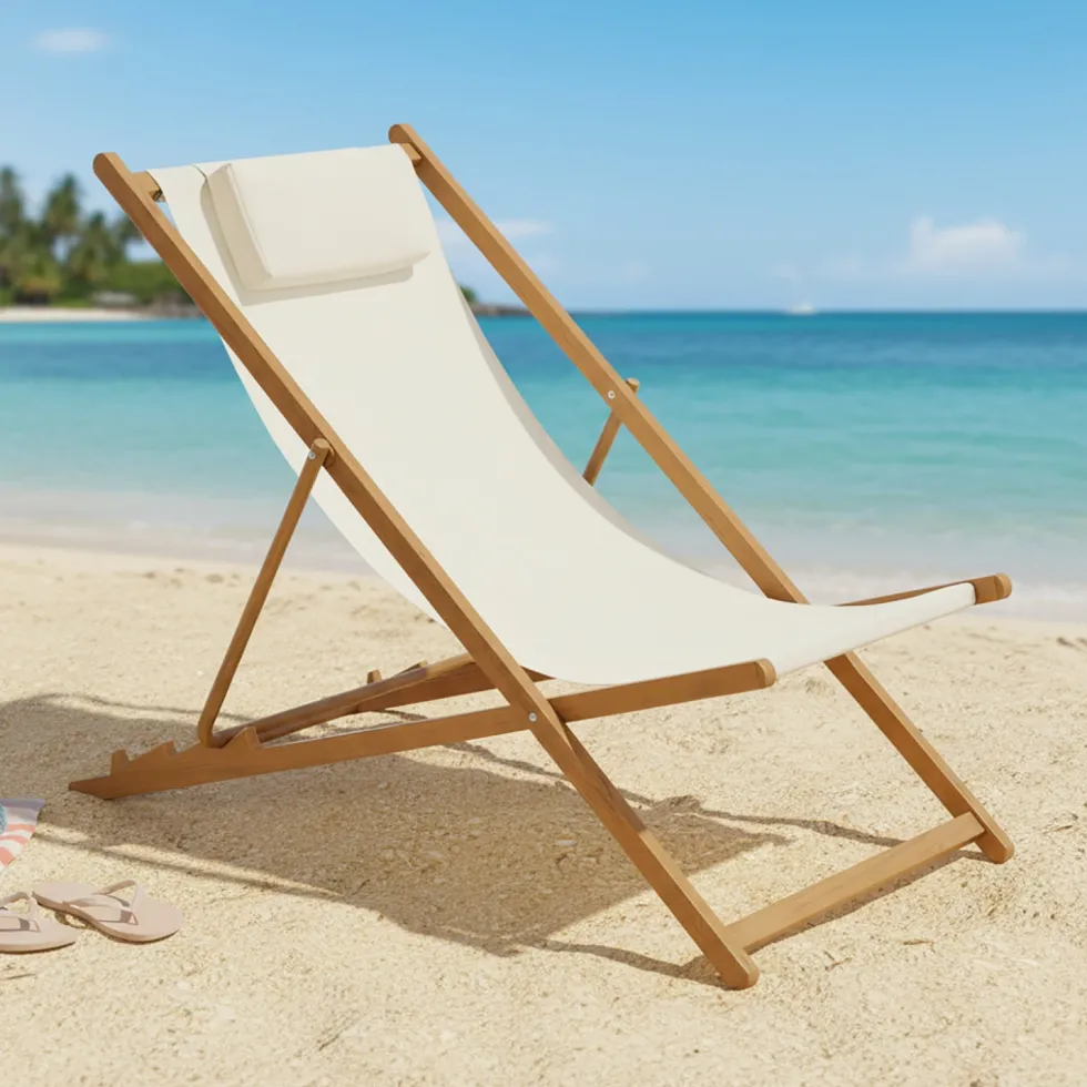 Spiaggina con Cuscino in Alluminio Effetto Legno con Tessuto Bianco h85x107x61,5 cm