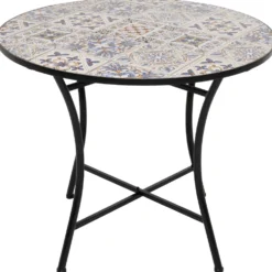 Tavolo Tondo in metallo nero con top maioliche Blu