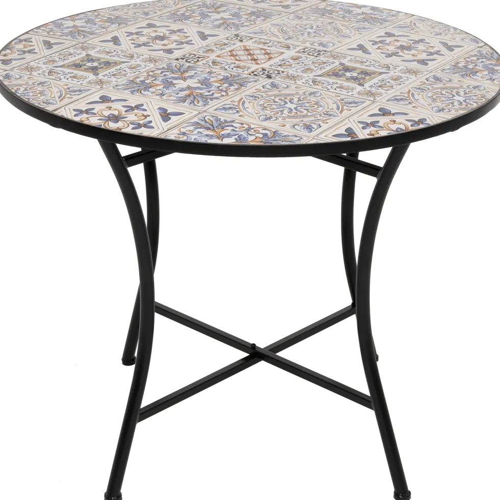 Tavolo Tondo in metallo nero con top maioliche Blu