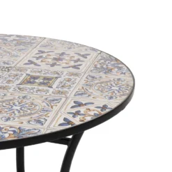Tavolo Tondo in metallo nero con top maioliche Blu