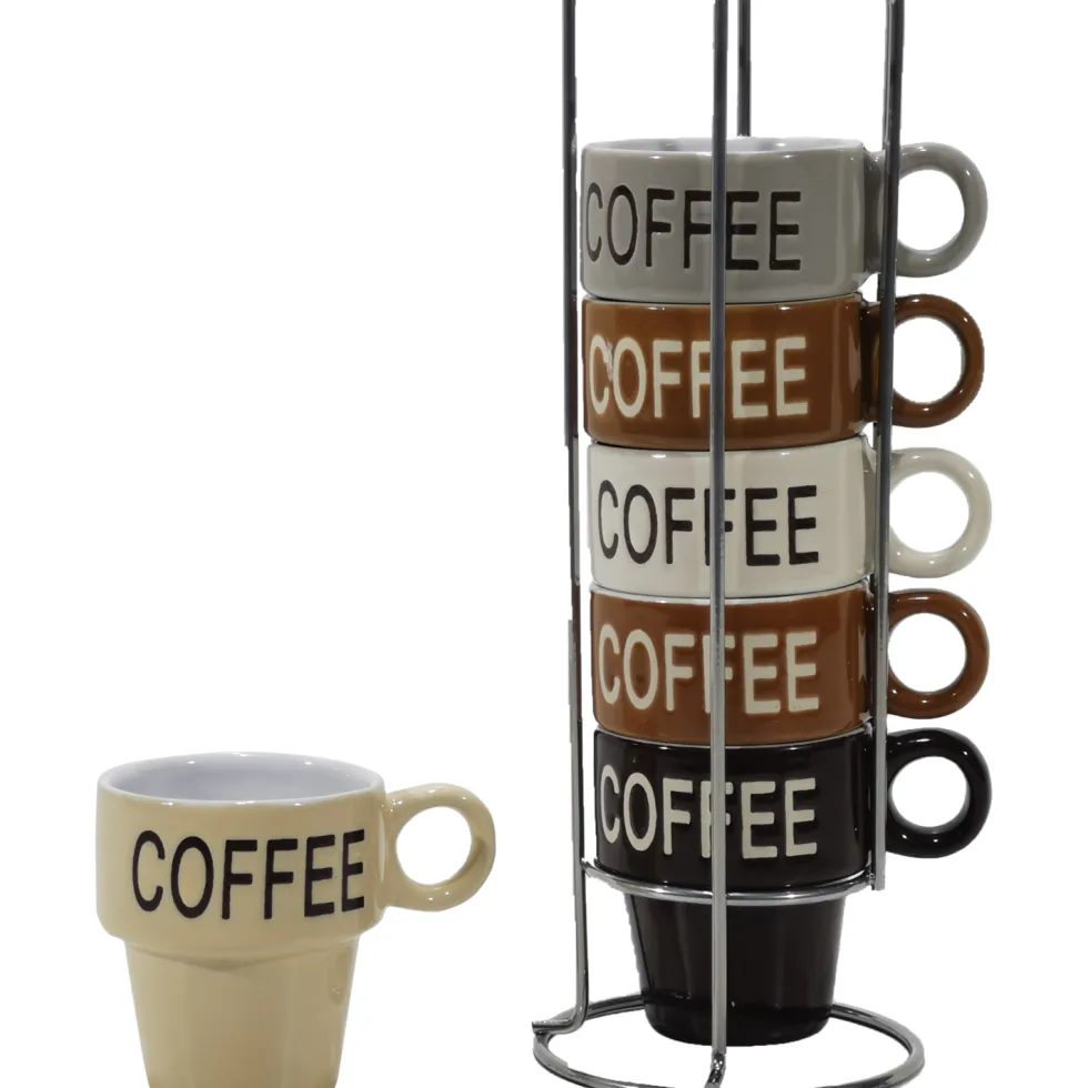 Tazzine da caffè 6 pezzi in stoneware con stand in metallo cromato 9 cl