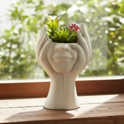 Vaso con Pianta Artificiale Mani Decorativa in Cemento h20 cm