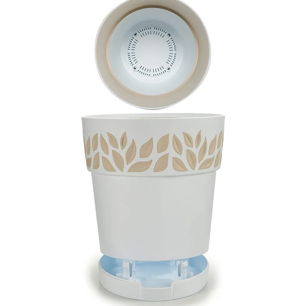 Vaso decorato Cloe in plastica bianco con riserva d'acqua