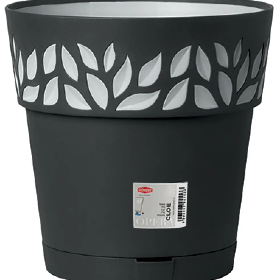 Vaso decorato Cloe in plastica grafite con riserva d'acqua